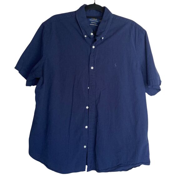 Polo Ralph Lauren Mens Shirt 2xl Navy Blue Seersucker Guaranteed to Wrinkle - Picture 2 of 7